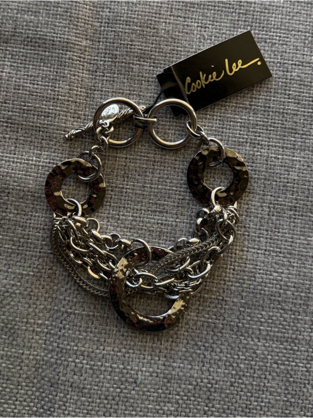 Cookie Lee Silver Tone Multi-Chain Link Bracelet | Statement Toggle Clasp